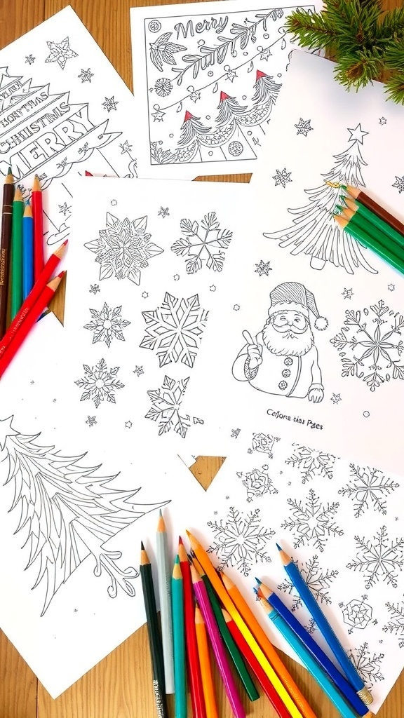 Jade Summer Merry Christmas Coloring Pages Christmas coloring pages with designs of trees and Santa on a wooden table with coloring supplies.